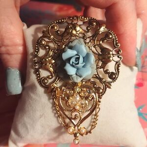 Victorian Gold Metal Filigree Brooch + Blue Porcelain Flower; Pearls & Chain
